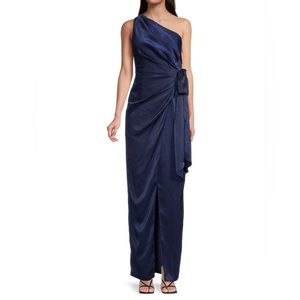 Aidan Mattox Navy Blue One-Shoulder Column Gown